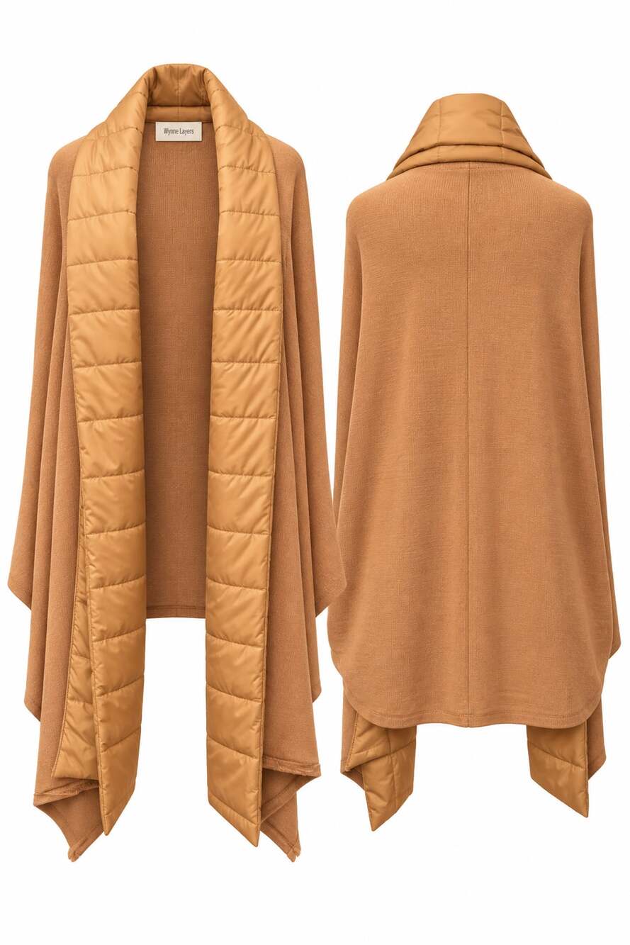 WynneLayers Quilted Puffer Trim Ruana Shawl Wrap Sweater SOFT Camel NEW